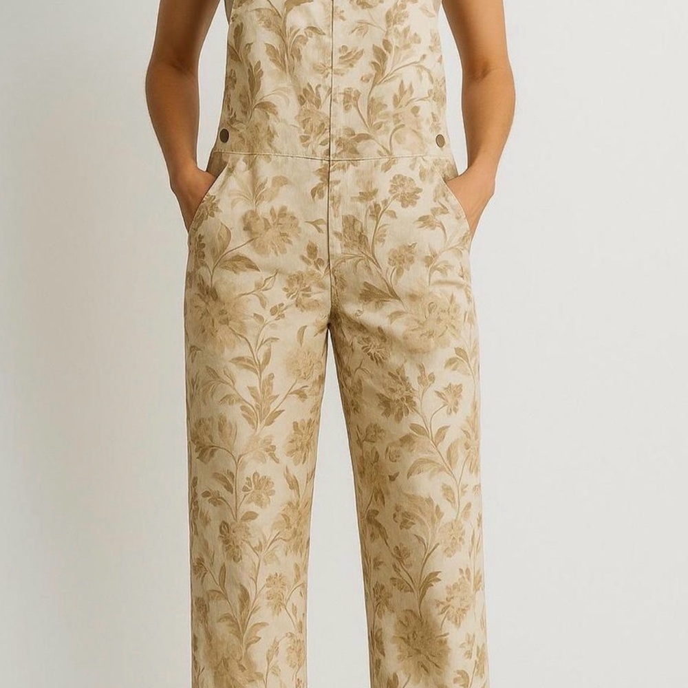 Zara Floral Cropped Overalls – Beige | Size M | Pre-Owned | Excellent
